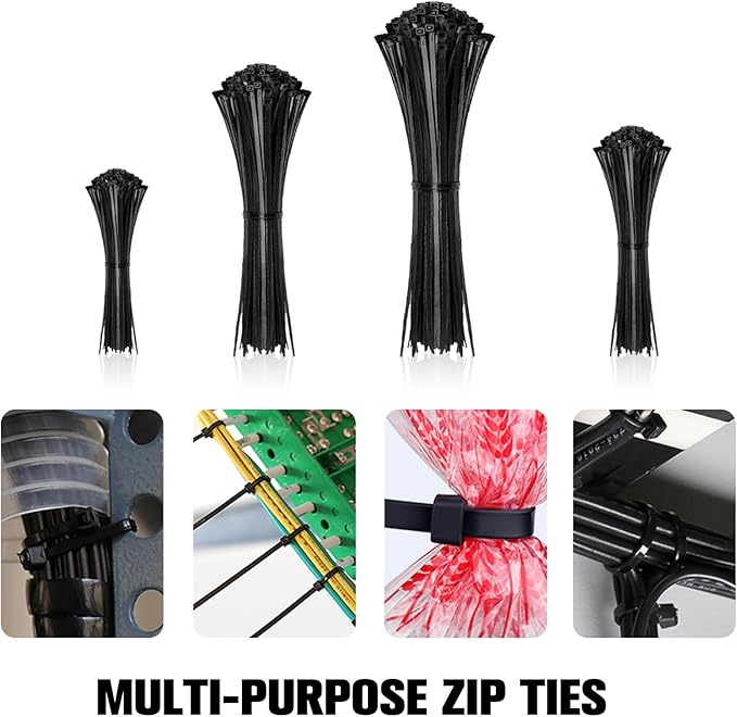 Zip Ties Assorted Sizes(4”+6”+8”+12”), 2000 Pack,Black Cable Ties,Multi-Purpose Self-Locking Nylon Cable Cord Management,Plastic Wire Ties for indoor and outdoor use.