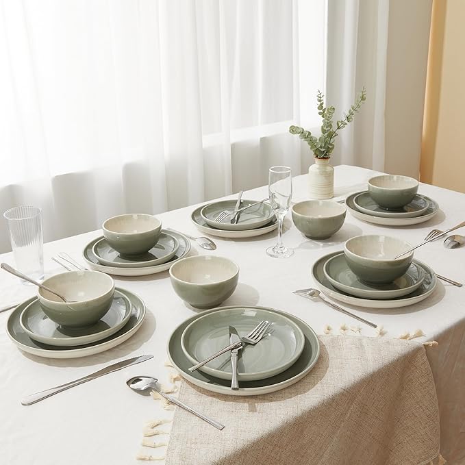 Pokini Stoneware Dinnerware Sets for 6, Microwave Safe Plate and Bowl Set, Easy to Clean & Durable Dishes Sets for Small to Medium Families, Gray Green