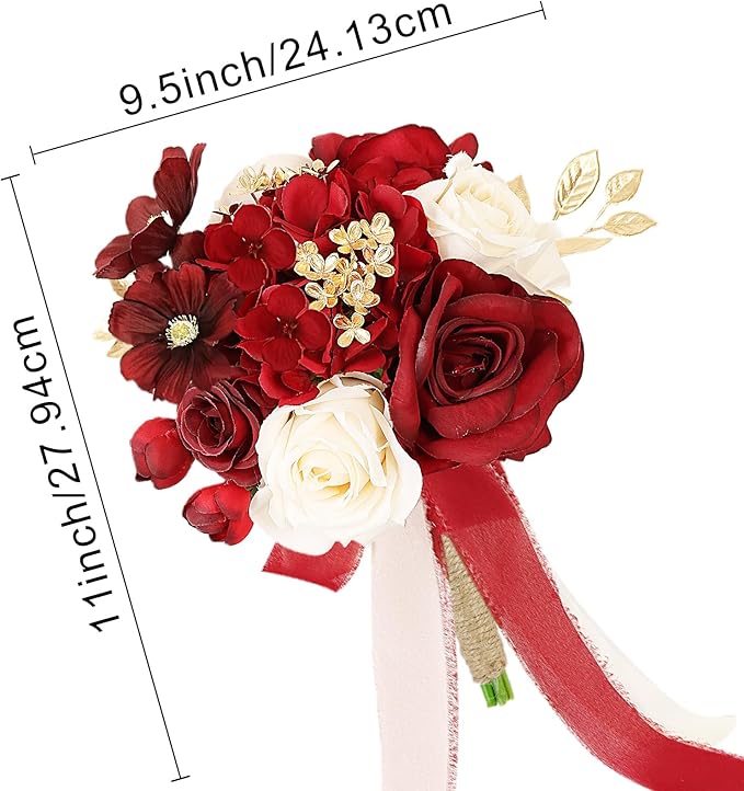 Set of 6 Bridesmaid Bouquets for Wedding - 9 Inch Luxury Artificial Flowers Bouquets for Ceremony Anniversary Centerpieces Decorations - Burgundy & Gold & White