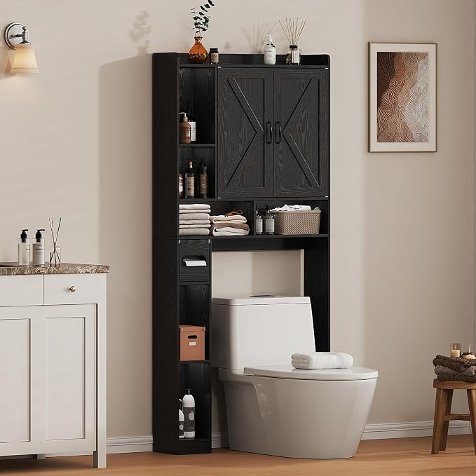 Over the Toilet Storage Cabinet, 31.1”W Bathroom Organizer with Double Doors, Above Toilet Rack, Detachable Toilet Paper Holder for Bathroom & Laundry Room Black
