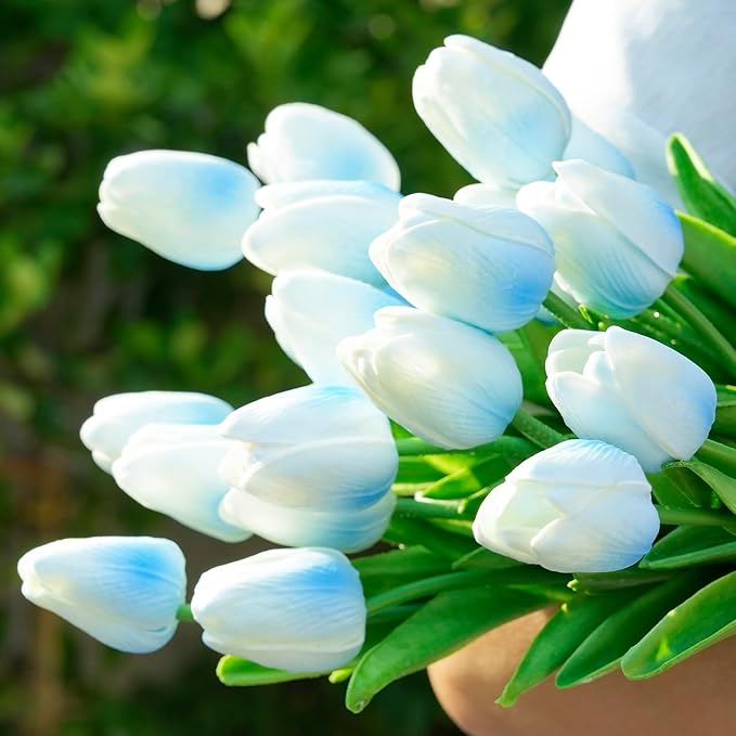 20 Pcs 13” Real Touch Light-Blue Tulips Artificial Flowers, Latex PU Fake Faux Flowers, for Wedding Bouquet Home Decor