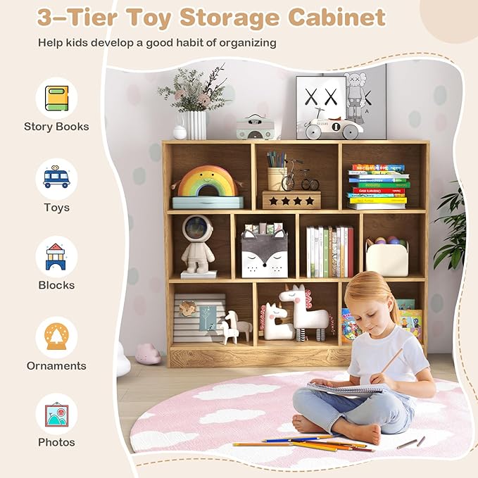 HONEY JOY Kids Toy Storage Organizer, 10-Section Wooden Floor Storage Cabinet, 41” Daycare Toy Chest, 3-Tier Kids Display Bookshelf for Classroom, Playroom & Nursery, Kindergarten (Natural)