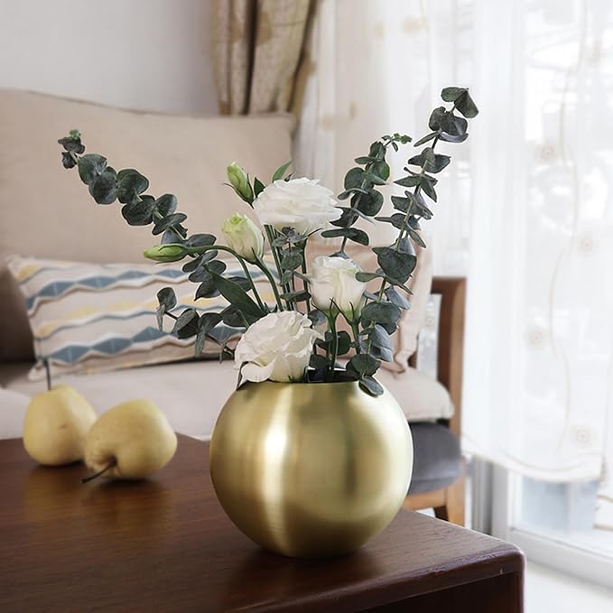 Gold Flower Vase Small Decorative Metal Vases for Table Centerpieces, MIATTCLD Round Gold Plant Pot Home Decor Ideal for Weddings, Parties, Anniversary, Living Room, Restaurants
