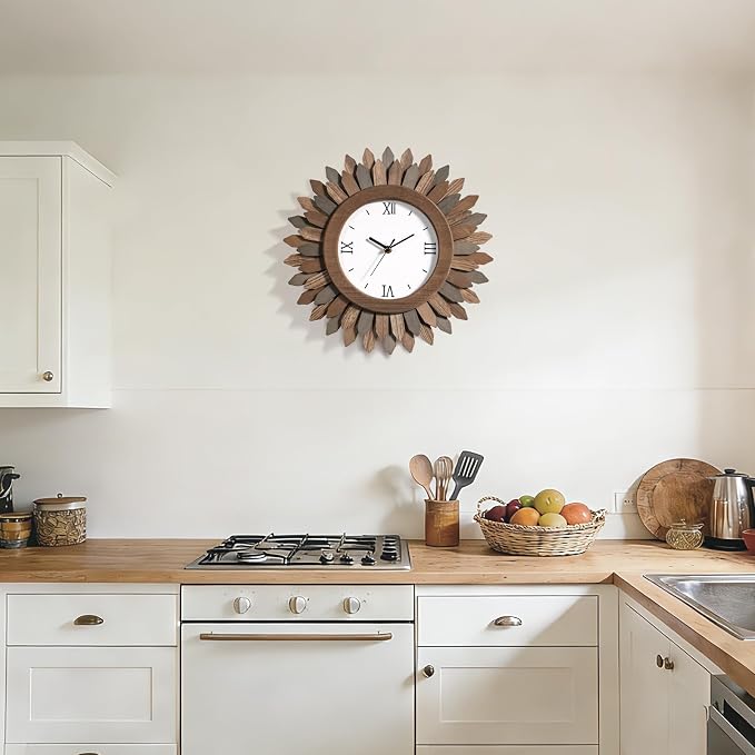 Honiway 14 Inch Wall Clocks Battery Operated Silent Non Ticking Rustic Wood Boho Sunburst Decorative Wall Clock for Living Room Kitchen Bedroom Farmhouse Office Decor (Tricolor-Roman Numerals)