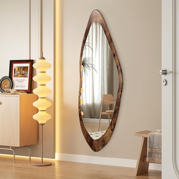AAZZKANG Large Mirror with Wood Framed 47"x16" Retro Irregular Wall Mirrors Full Length Asymmetrical for Bedroom Living Room Entryway Dressing Room