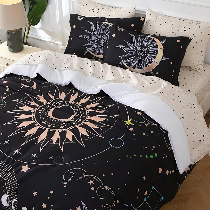 7 Piece Sun and Moon Comforter Set Bed in a Bag King Size - Boho Celestial Constellations Bedding for Girls Women - Black Gold - Lightweight Comforter with Sheets and Pillowcases