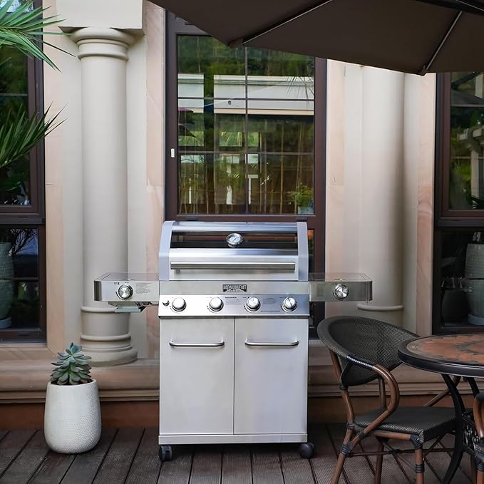 Monument Grills 4+2 Burner 700 sq.in. Large Cabinet Style Stainless Steel Propane Gas Grill with a Clearview® Lid, an Infrared Side Sear Burner & a Side Burner, and a Built-In Thermometer