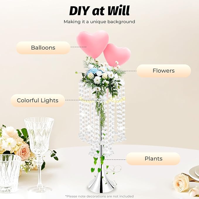 10 Pack 21.9"/55.6cm Tall Crystal Beaded Flower Stands, Metal Wedding Centerpiece Vases for Table/Aisle Decor - Reusable Event Centerpieces for Home, Party, Hotel (Silver)