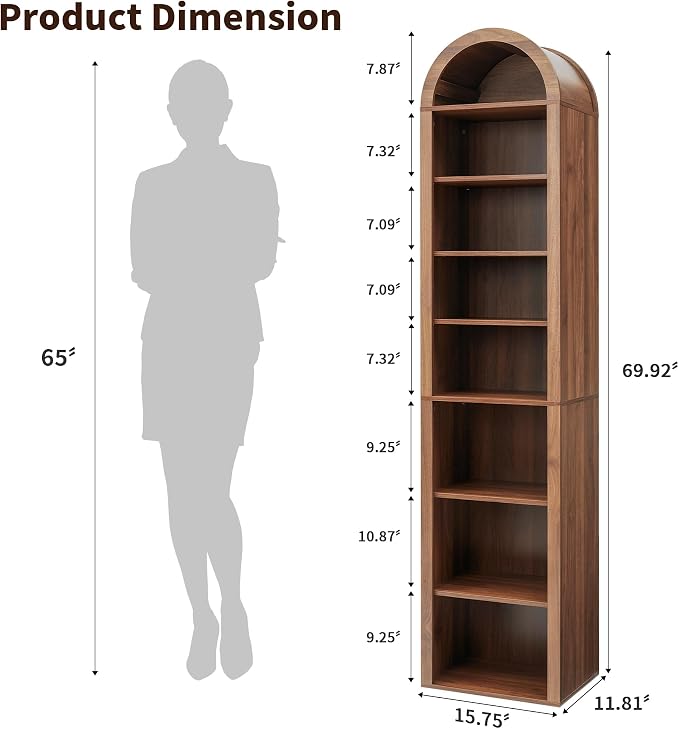 Tall Narrow Arched Bookshelf, 8-Tier Skinny Arch Bookcase for Small Space, Freestanding Storage Organizer with Adjustable Shelves, Open Display Shelves for Living Room, Entryway (Walnut)