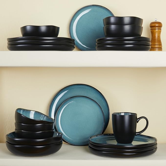 Pokini 24 Piece Stoneware Dinnerware Set for 8, Reactive Glaze Plates and Bowls Sets | Designed for Holiday Dinners, Thanksgiving, Party Hosting | Durable Irregular Coastal Design, Green Black