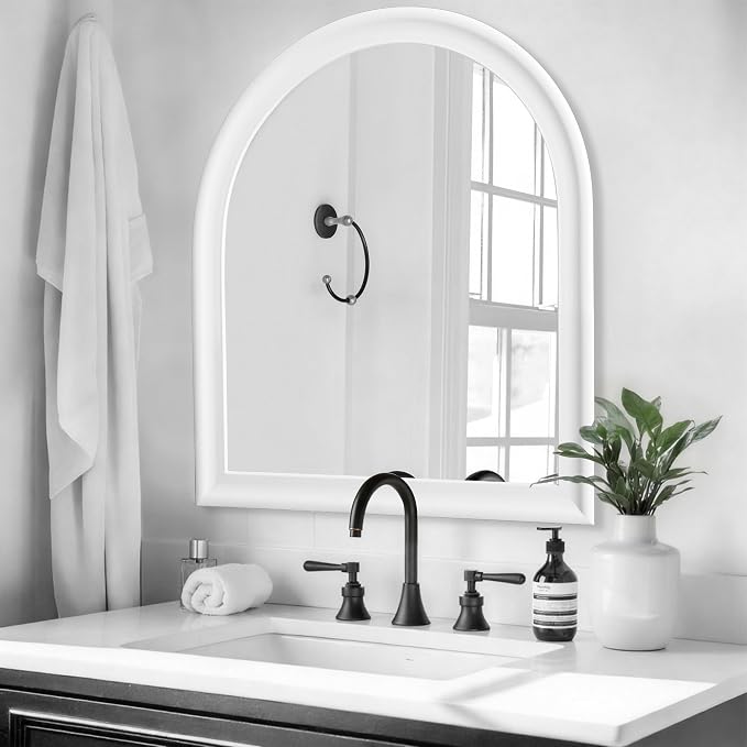 Arched Bathroom Mirror 30 x 36 Inch, White Framed Decorative Wall Mount Mirror with Tempered Glass for Entryway, Living Room, Bedroom, Hallway Fireplace Mantel Decor