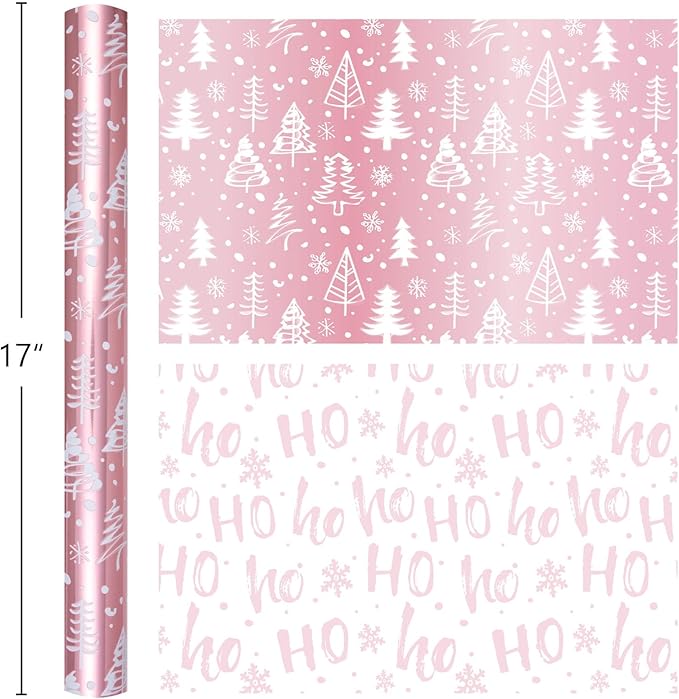 MAYPLUSS Pink Christmas Wrapping Paper Roll - 17IN X 33FT - Gift Wrapping Paper Featuring Christmas Tree Snowflake Reversible HO for Kids, Holiday, New Year