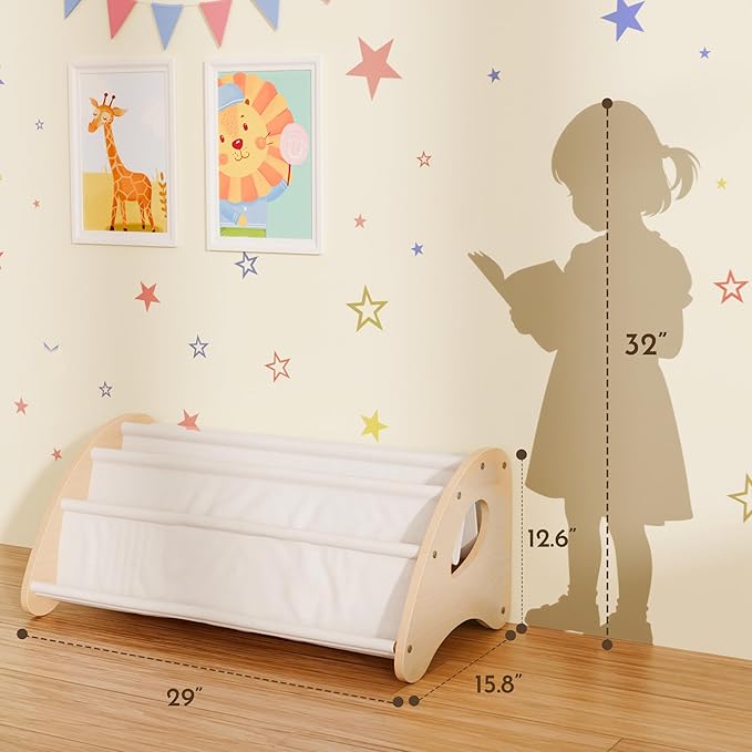 Toddler Bookshelf,4-Tier Book Rack Organizer with Fabric Storage Pockets, Wooden Bookshelves with Open Forward Display, Montessori Book Shelf for Nursery/Playroom, Natural/White
