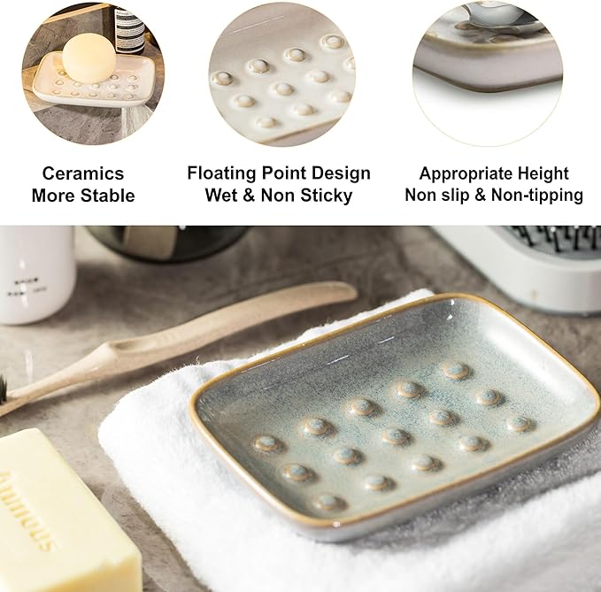 Soap Dish for Shower, Ceramic Soap Dish for Large Soap Bars, Non-Slip Soap Holder & Saver Tray with Floating Point Design for Bathroom, Shower, Kitchen Sink, Save Soap Loss (Pack of 2)