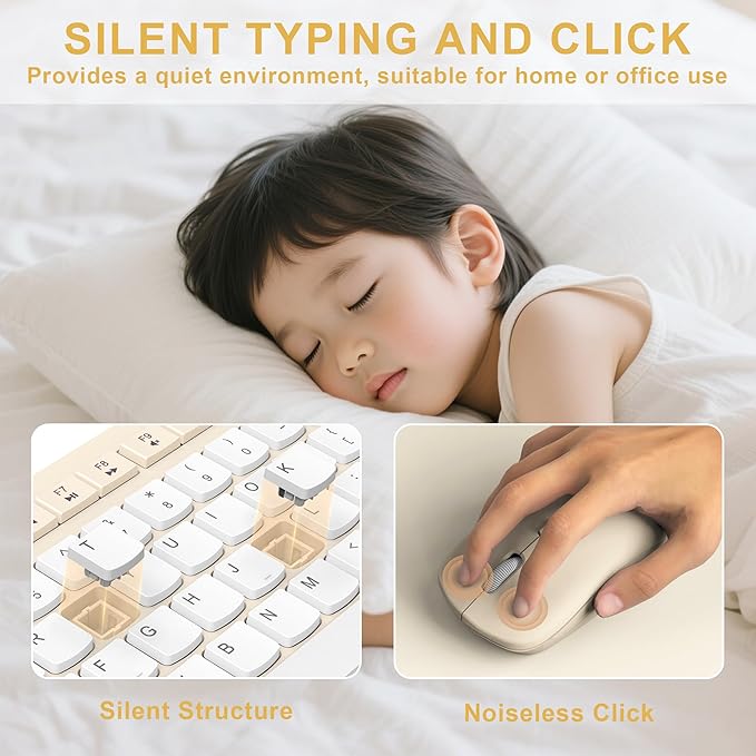 Silent Wireless Keyboard and Mouse Combo, Full-Sized Wireless Keyboard and Adjustable DPI Mouse, 2.4GHz USB Receiver, Keyboard and Mouse for PC, Windows, MAC, Desktop, Laptop(Latte-Color B)