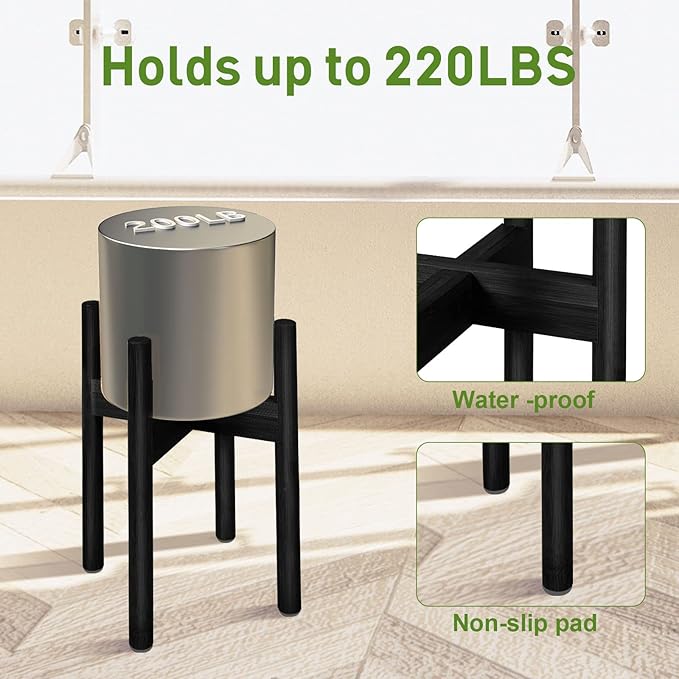 2 Pack Bamboo Plant Stands, Adjustable Plant Stand Indoor, Mid Century Modern Plant Stand, Plant Holder for Living Room, Balcony Fits 8 to 12 Inches Pots (Black)