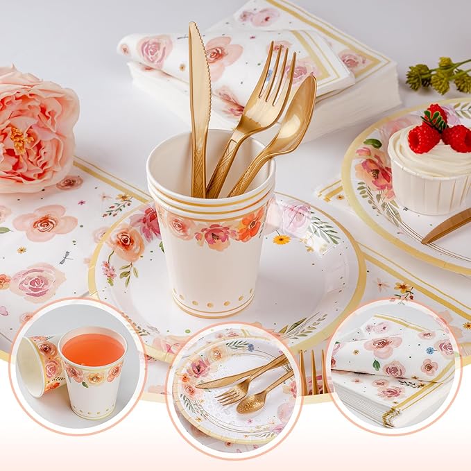 353PCS Floral Paper Plates and Napkins Party Supplies - Serves 50 Floral Decorations Include Plates, Cups, Napkins, Cutlery