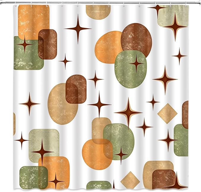 Boho Mid Century Shower Curtain Retro Abstract Geometric Shapes with Starburst Sage Green Beige and Terracotta Fabric Bath Curtain Polyester Bathroom Decor with Hooks (47"X72")