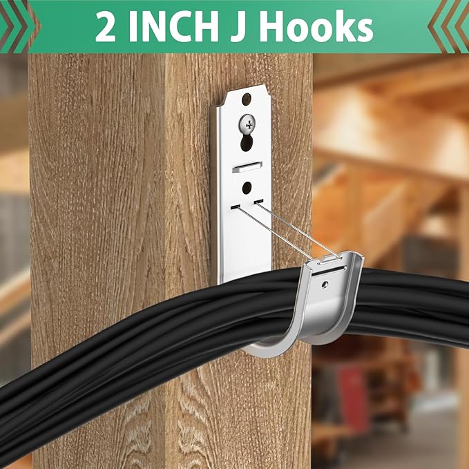 IRENPORU 100 Pack 2 Inch Cable Support J Hook Wall Mount J Hook with Retainer Clip, Galvanized Steel for Cable Management & Organization Solution