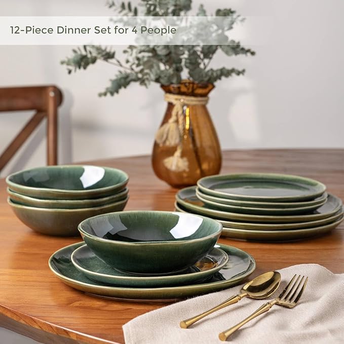 AmorArc Ceramic Dinnerware Sets,Handmade Reactive Glaze Stoneware Plates and Bowls Sets,Highly Scratch Resistant | Dishwasher & Microwave Safe Dishes Set,Service for 4 (12pc)