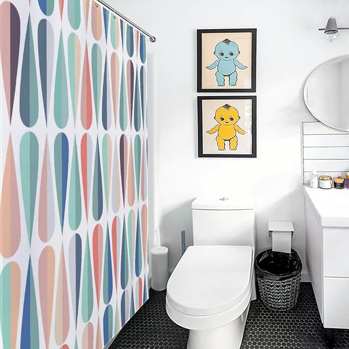 Mid Century Shower Curtain, Modern Abstract Geometric Pattern Vintage Retro 1950s 1960s Geo Pattern Art Pastel Waterproof Fabric Bathroom Shower Curtain Set with Hooks, 72"x78" Inch