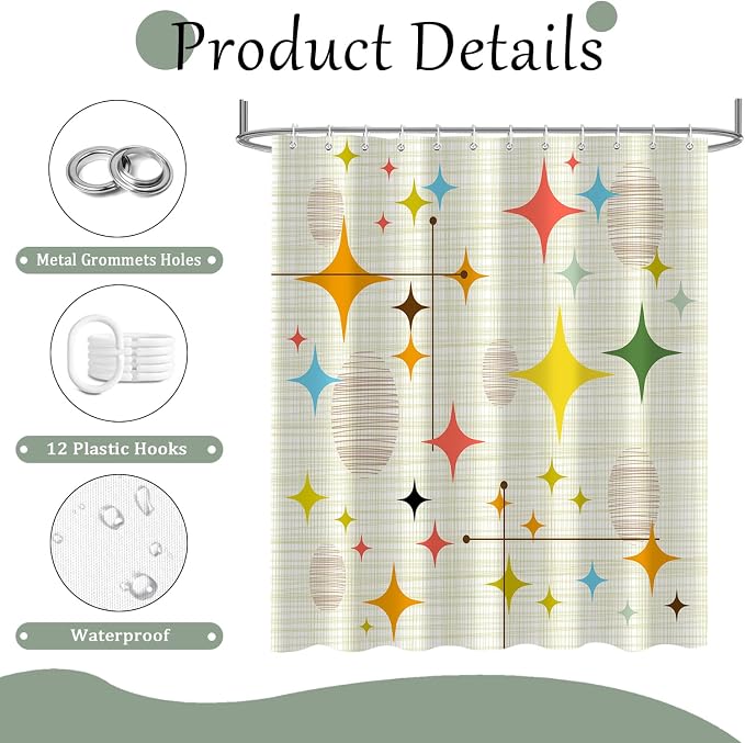 Mid Century Shower Curtain for Bathroom, Retro Stars Abstract Decorative Art Style Restroom Restroom Bath Curtain, Polyester Fabric Waterproof Bath Curtains 72x72 Inch with 12 Hooks
