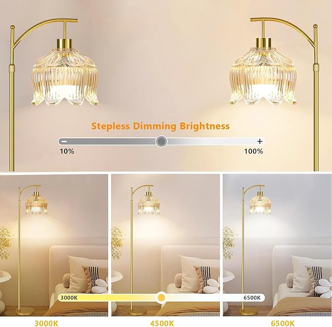 QIYIZM Flower Floor Lamp for Living Room,Bedroom,Gold Dimmable Standing Lamp with Remote,Glass Mid Century Modern Brass Tall Lamp Boho Floor Lamps Arc Stained Floor Light Lamp Bohemian
