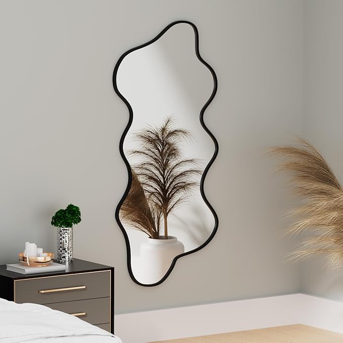 Irregular Wavy Wall Mirror Asymmetrical Shaped Aluminum Alloy Framed Big Unique Full Length Mirror for Living Room Bathroom Bedroom Entryway Fireplace (Black, 47"x21")