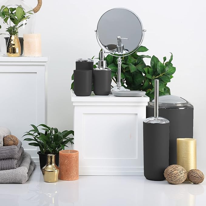 Moss & Stone 6-Piece Bathroom Accessories Set – Black Plastic Bathroom Set with Soap Dispenser, Toothbrush Holder, Cup & Soap Dish – Modern Countertop Bathroom Decor