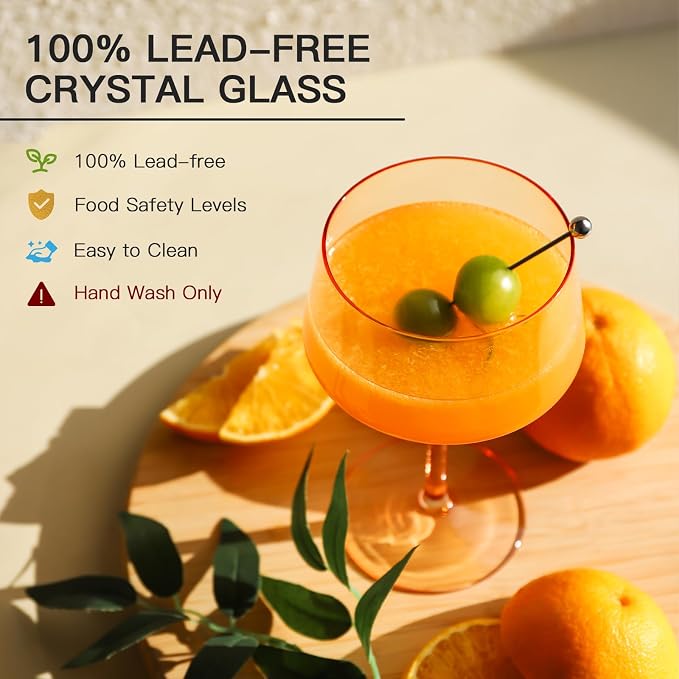JOVGANK Colored Coupe Glasses Set of 6, Hand Blown Colorful Martini Glasses 13Oz, Champagne & Cocktail Luxury Glasses, Bar Manhattan and New Year Glass, Mother's Day Gift for Ice Cream Dessert