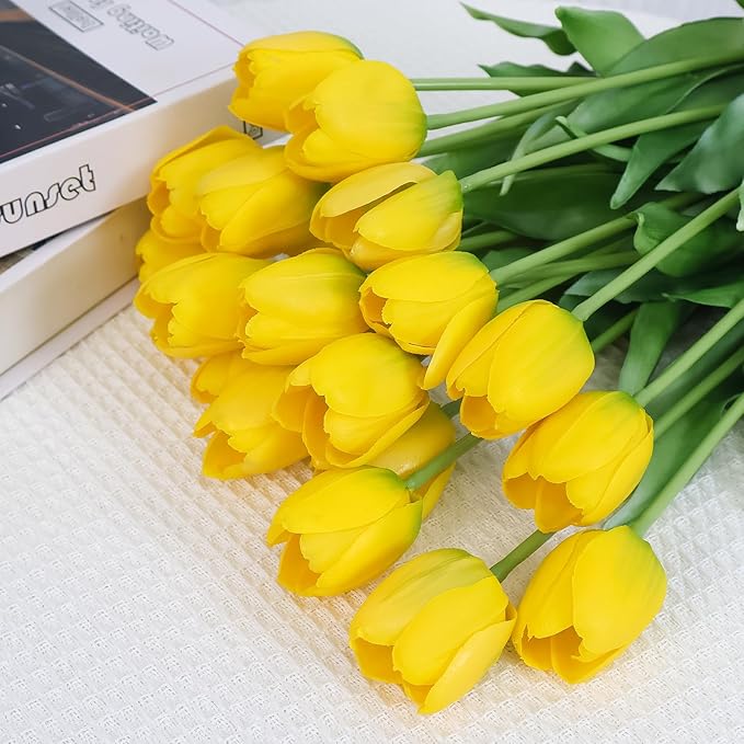 20 Artificial Tulips in Fluted Glass Vase, Waterproof Faux Flowers Bouquet for Wedding Home Office Decor, Table Centerpiece, Housewarming Birthday Gift Set (Yellow)