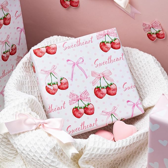 Homeral Pink Strawberry Birthday Wrapping Paper Roll - 17In x 16.5Ft Reversible Gift Wrap, Strawberry and Bow Pattern Art Paper for Girls Baby Shower, Birthday, Wedding, Valentine’s Day, DIY Crafts