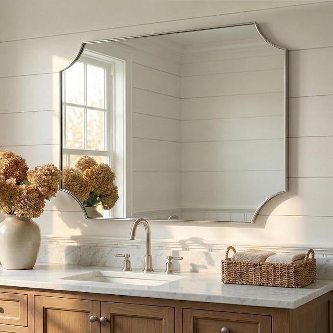 ANDY STAR 36"x48" Large Bathroom Mirror, Chrome Vanity Mirror, Scalloped Rectangle Mirror in Rustproof Stainless Steel Thin Frame, Aesthetic Scalloped Corner Design, Ideal for Large Bathroom Remodel