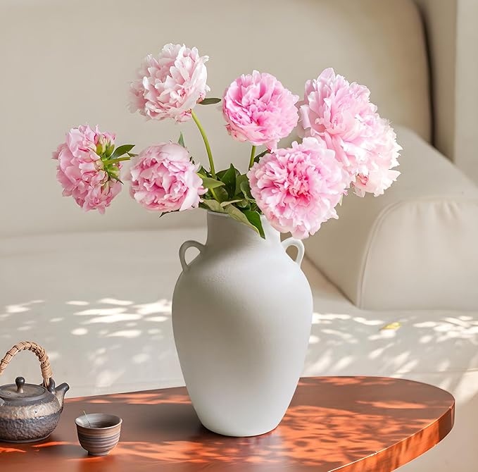 GeLive Matte White Ceramic Jar Vase with Dual Handles, Handmade 10 Inch Waterproof Rustic Farmhouse Pitcher Vase for Table Centerpiece, Flower Arrangement Home Decor