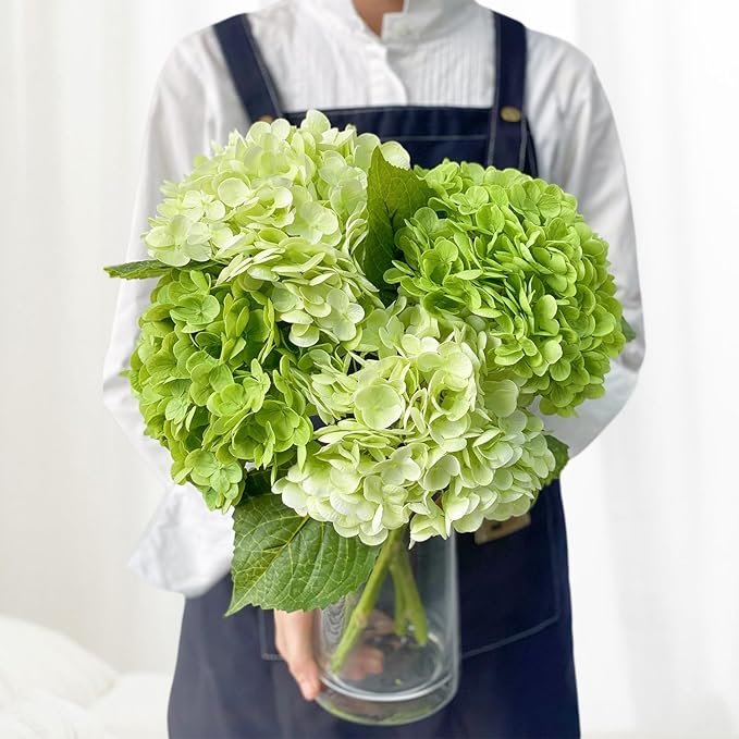 4PCS Green Artificial Hydrangeas, 21” Latex Silk Real Touch Lifelike Hydrangea Artificial Flowers,Large Faux Flowers for Wedding Outdoor Kitchen Table Home Garden