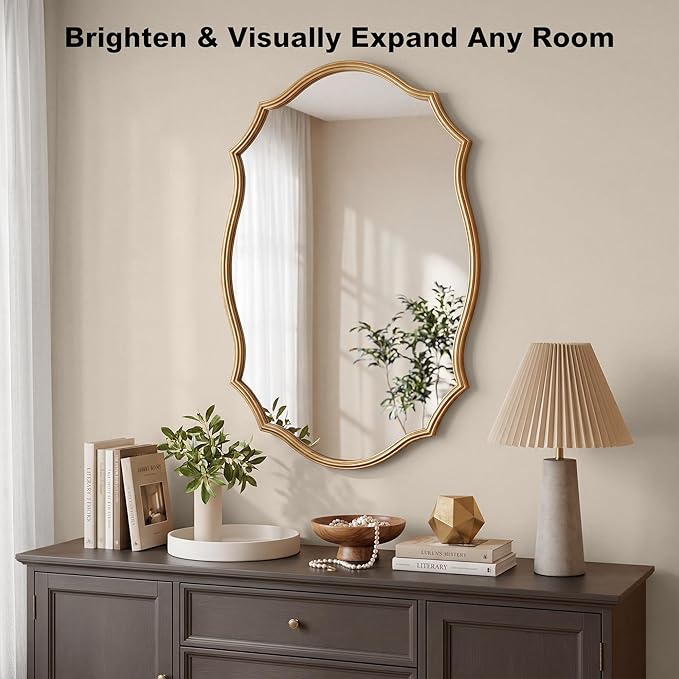 Wall Mirror with Metal Frame, 24" x 36" Antique Gold Ornate Vanity Mirror, Large Hanging Vintage Decorative Mirror for Bathroom, Entryway, Bedroom, Living Room
