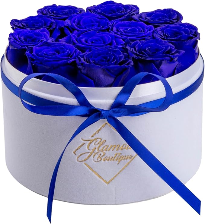 GLAMOUR BOUTIQUE Flower Forever Gift Box 12 Real Preserved Roses in Round Velvet White Box, Handmade, Rose Petals, Birthday, Marriage, Anniversary, Graduation - Blue