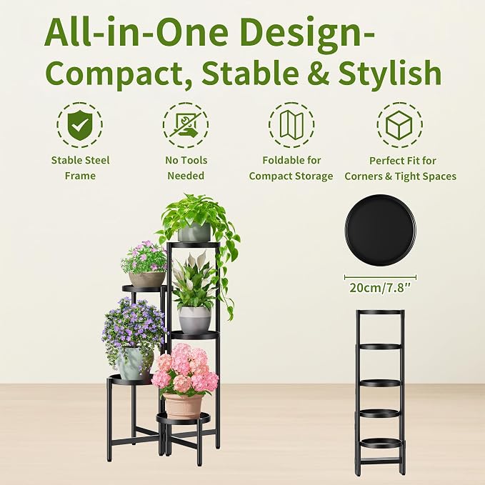 Tall Plant Stand Indoor Outdoor, Corner Metal Flower Pot Stands for Multiple Plants, 5 Tier Heavy Duty Plant Shelf for Patio Garden Balcony Living Room Bedroom - BlackDisk