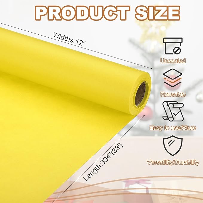 PATIKIL Wrapping Paper, 12" x 394"(33') 70 GSM Craft Paper Roll Kraft Packing Paper for Poster Bulletin Board, Gift Wrapping, Yellow