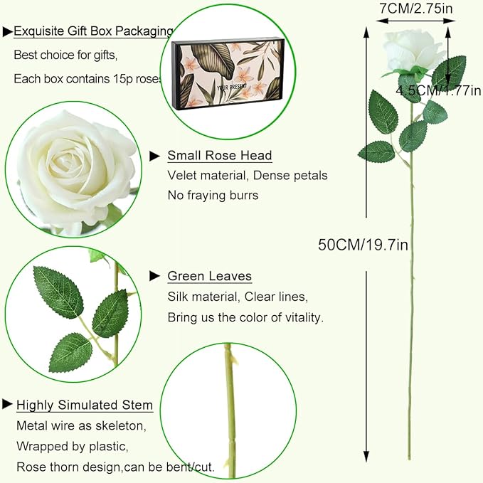 15Pcs Pearl White Roses Artificial Flowers Fake Roses Long Stem Velet Rose Silk Flowers for Home Wedding Decoration (Pearl Roses,White)