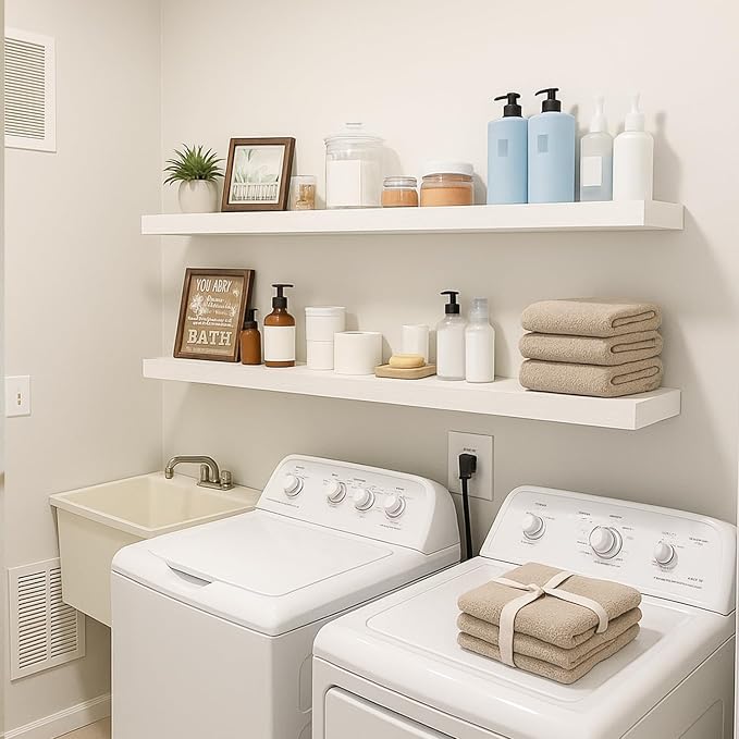 Floating Shelves for Wall, Bathroom Shelves Over Toilet, Wall Shelves & Book Shelf for Room, Hanging Shelf, Modern Wooden Mounted Floating Shelves, 36x7x1.5 in (White, Set of 2)