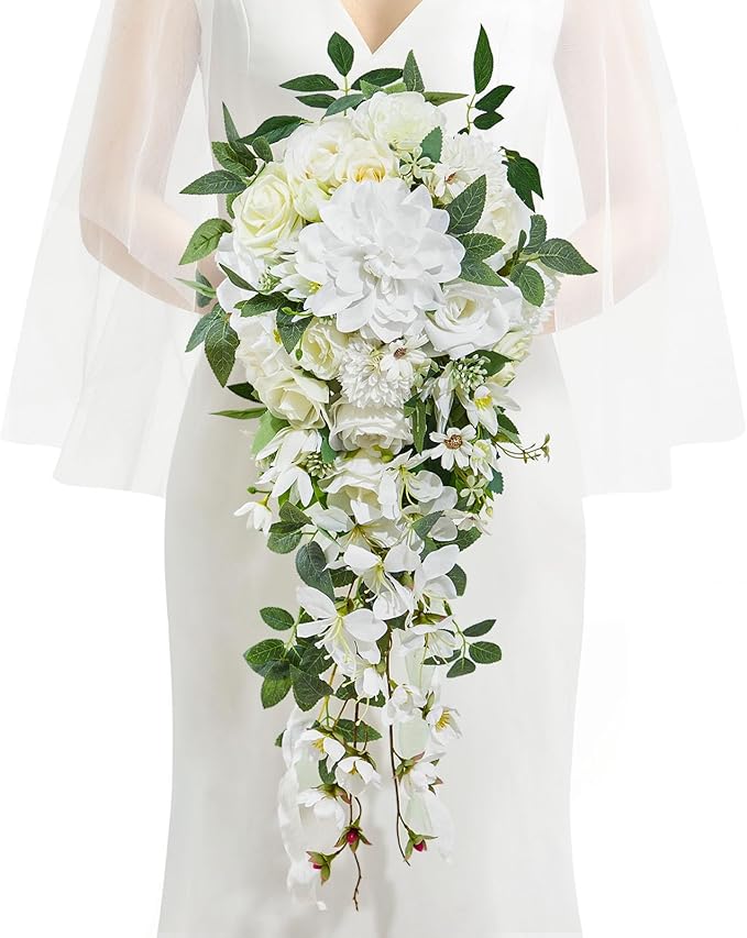 Serwalin 11Inch Bridal Bouquet White Green Wedding Bouquets for Bride Bridesmaid Artificial Wedding Flowers for Wedding Ceremony Anniversary