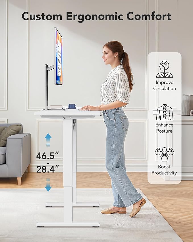 HUANUO Electric Small Standing Desk, 35" x 24" Whole Piece Desktop, Adjustable Height Computer Desk, 4 Height Memory Settings, Sit Stand Up Desk for Home Office, White