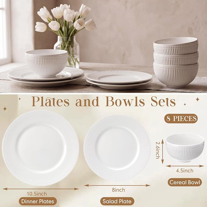 Domensi Ceramic Dinnerware Sets, Embossed Stoneware Plates and Bowls Sets Service for 2(Two More Bowls), Vertical Ribbed Embossed Pattern Oven, Microwave, Dishwasher Safe, Housewarming Wedding Gift