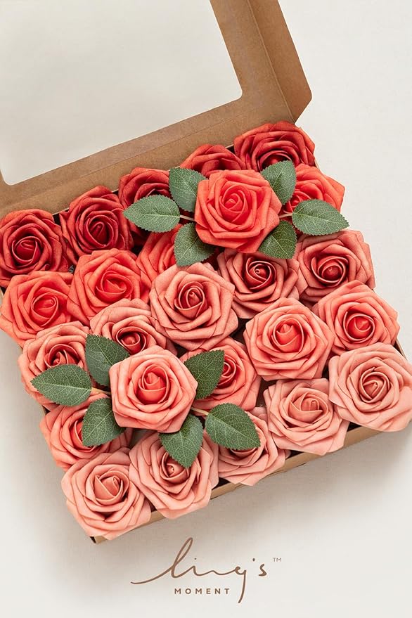 Ling's moment Artificial Flowers 25Pcs 3" Roses in Coral Dusty Cedar Shades, Realistic DIY Foam Floral Decor for Wedding Bouquets/Centerpieces, Outdoor Party Backdrops, Room/Table, Shower Decorations