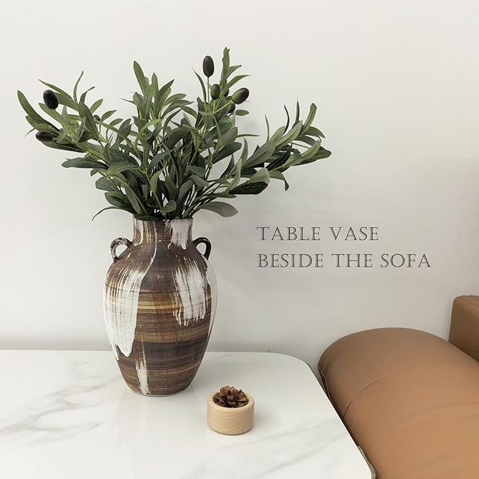 Rustic Pottery Vase - 10" Handmade Brown and White Farmhouse Vase with Handle, Unique Boho vase, Decorative Neutral Vases Home Decor, Vintage Ceramic Flower vases for Living Room, Kitchen Decor