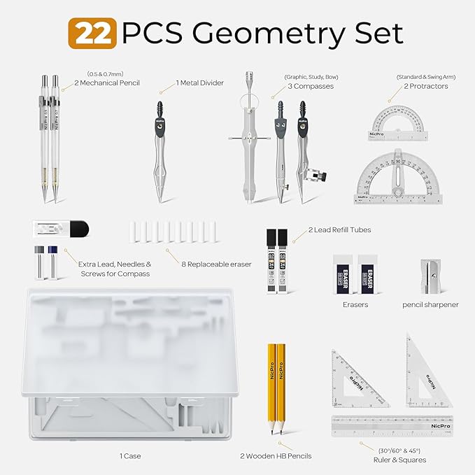 Nicpro 22 PCS Compass Geometry Tools with Case, Drafting Tools Geometry Set with Swing Arm Protractor, Rulers, Metal Compass, Square Set, Mechanical Pencil, Back to School Supplies for Students