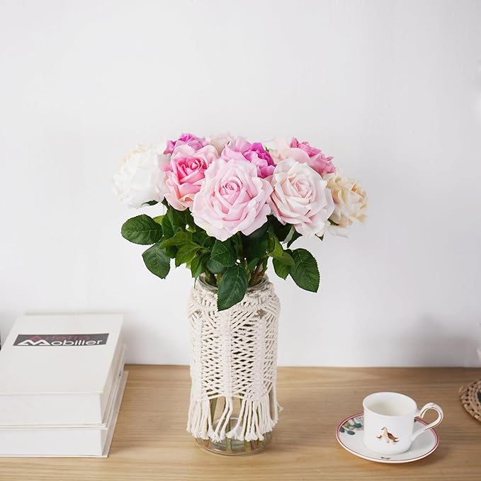 6 Pcs Silk Real Touch Latex Roses, Artificial Single Stem Big Bloom Faux Roses for Home Party Office Wedding Indoor Decor, Floral Arrangements, Table Centerpieces