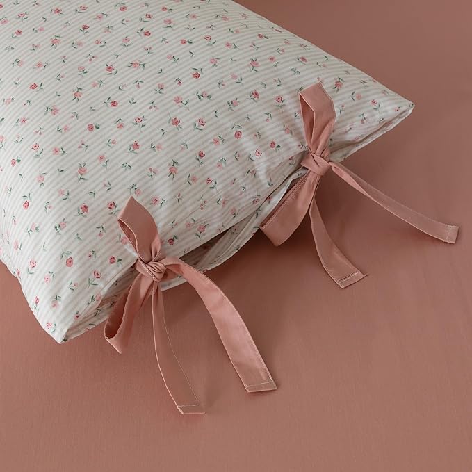 VM VOUGEMARKET Garden Flower Comforter Set Twin 3 Pcs Pink Stripes Bed Comforter with 2 Pillowcases for Teen Girls,Bed in a Bag Fluffy Cottagecore Comforter Set-68"x90"