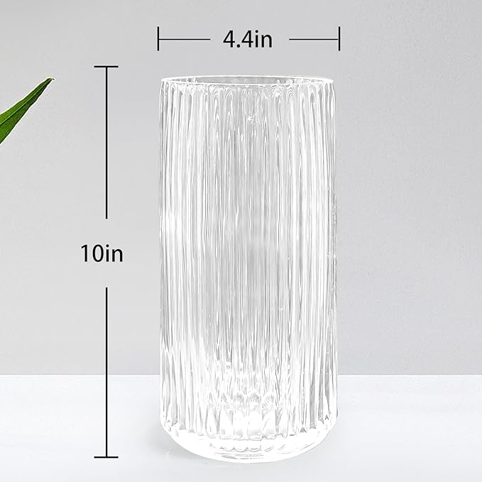 Muyan 9.8" Flower Vase for Decor Ribbed Glass Vase Modern for Centerpieces Desktop Home Office Dining Living Room Wedding (Clear)